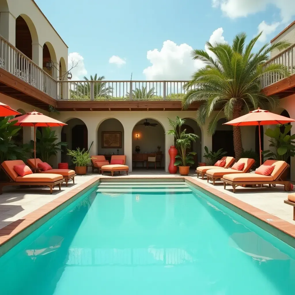 a photo of a vintage-inspired pool lounge with retro furniture and decor