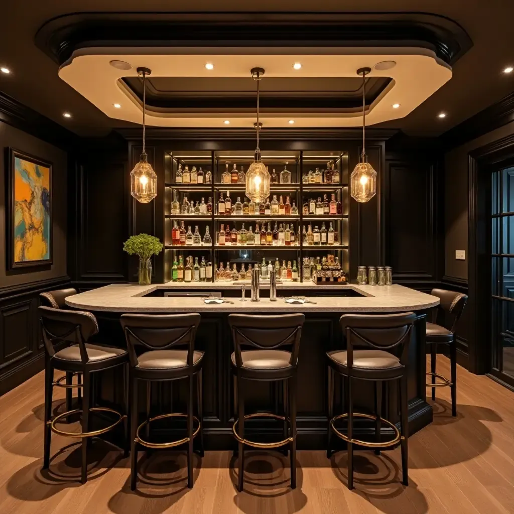 a photo of a chic basement bar with stylish lighting and elegant bar stools