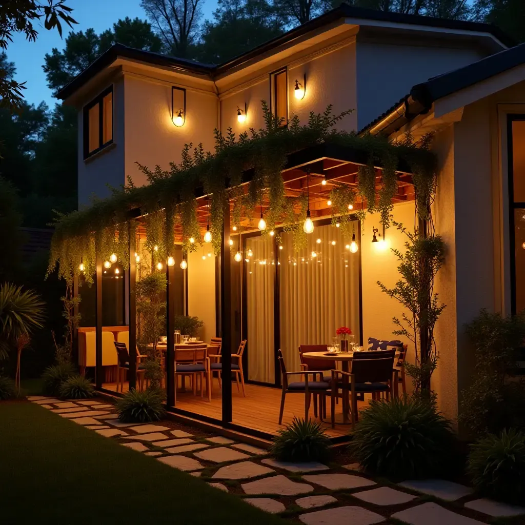 a photo of a balcony decorated for a summer party with lights and decor