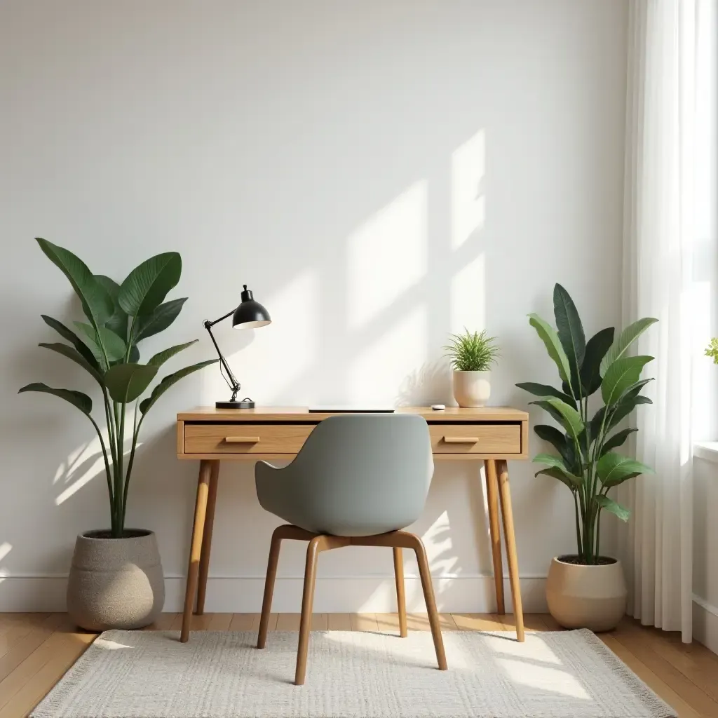 a photo of a cozy corner with a minimalist desk and potted plants