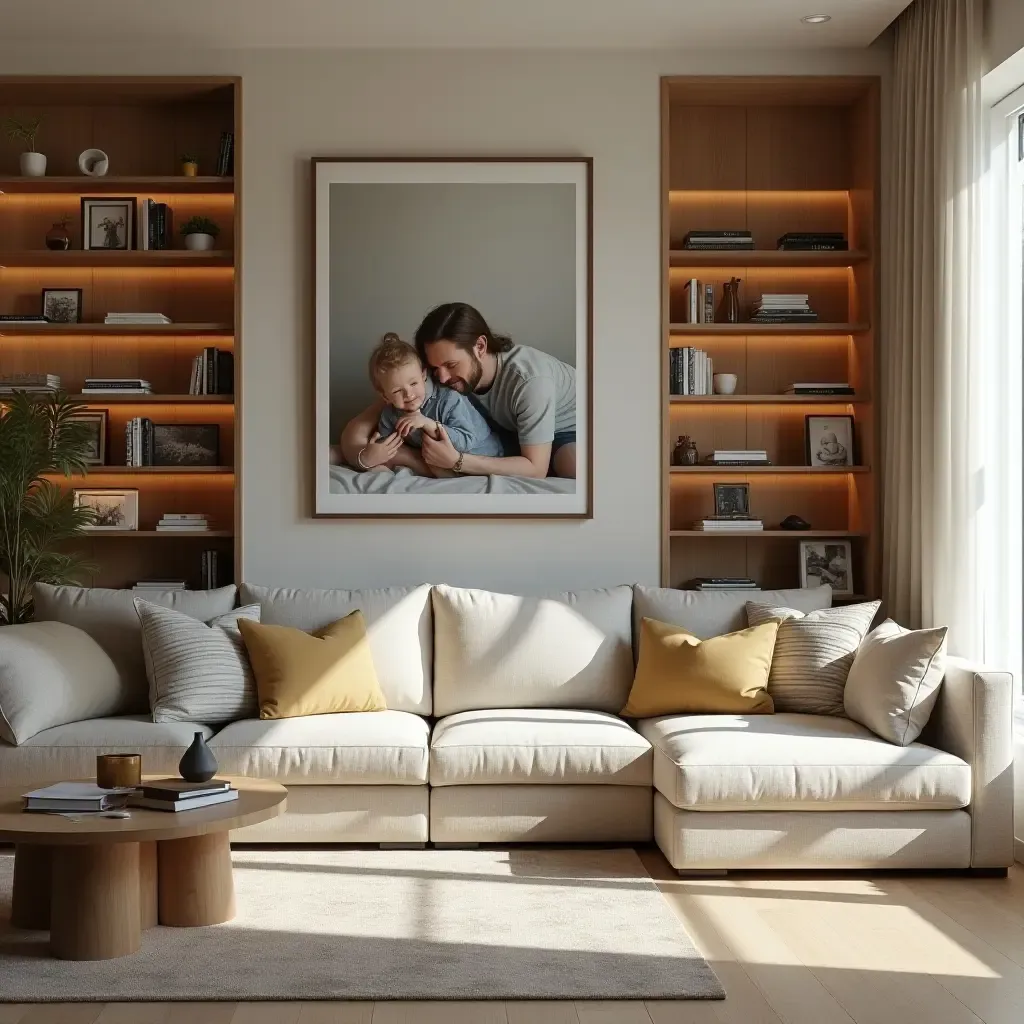 a photo of a living room with a wooden bookshelf and family photos