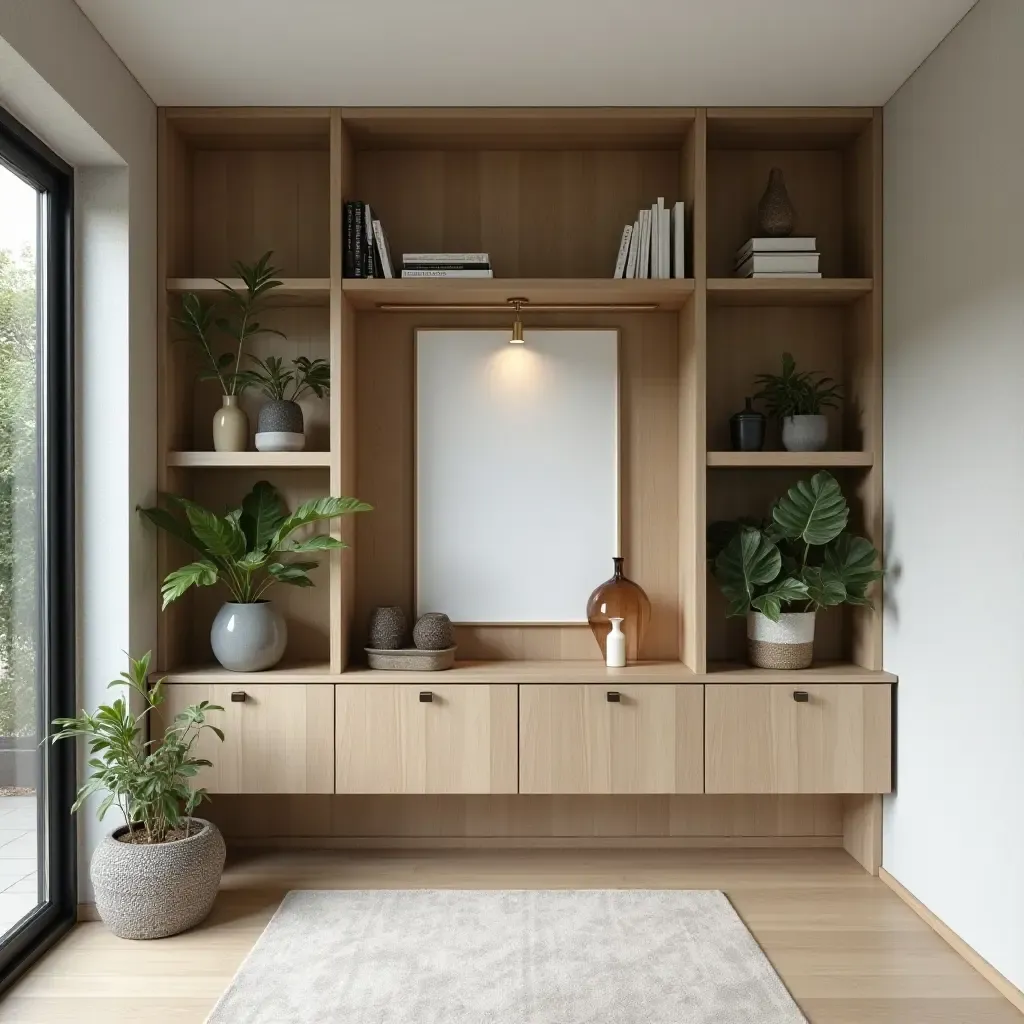 a photo of a modern entrance hall featuring organized shelving with plants and books