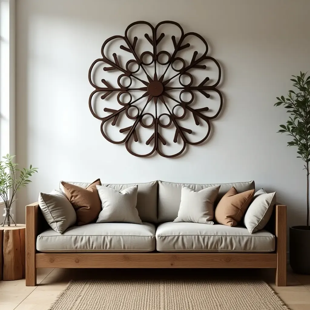 a photo of a room with metal wall art and rustic furniture