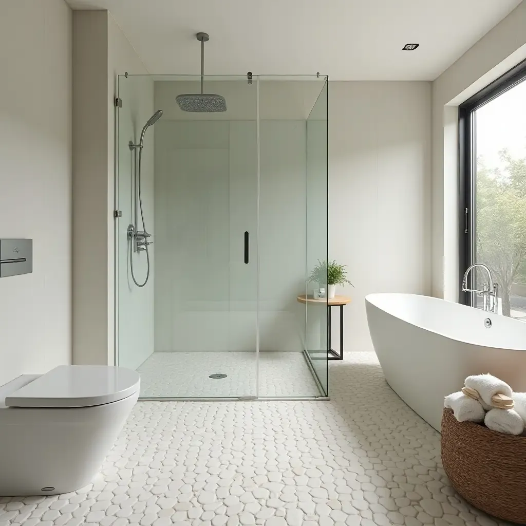 a photo of a serene bathroom featuring a glass-enclosed shower and pebble floor