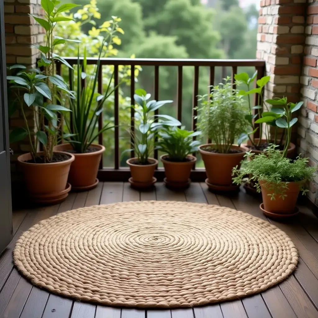 a photo of a round jute rug on a rustic balcony with plants