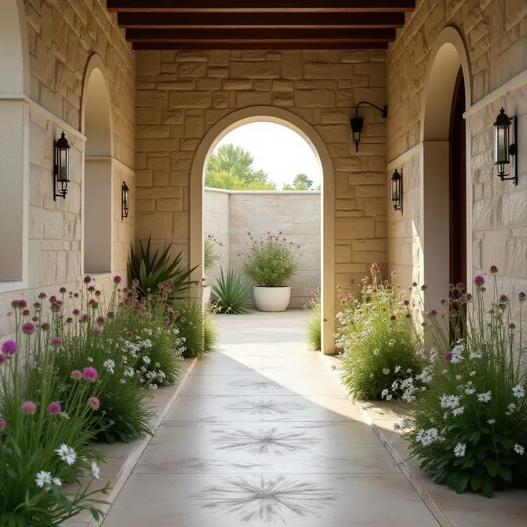 a photo of a rustic stone wall with wildflowers in an inviting hallway