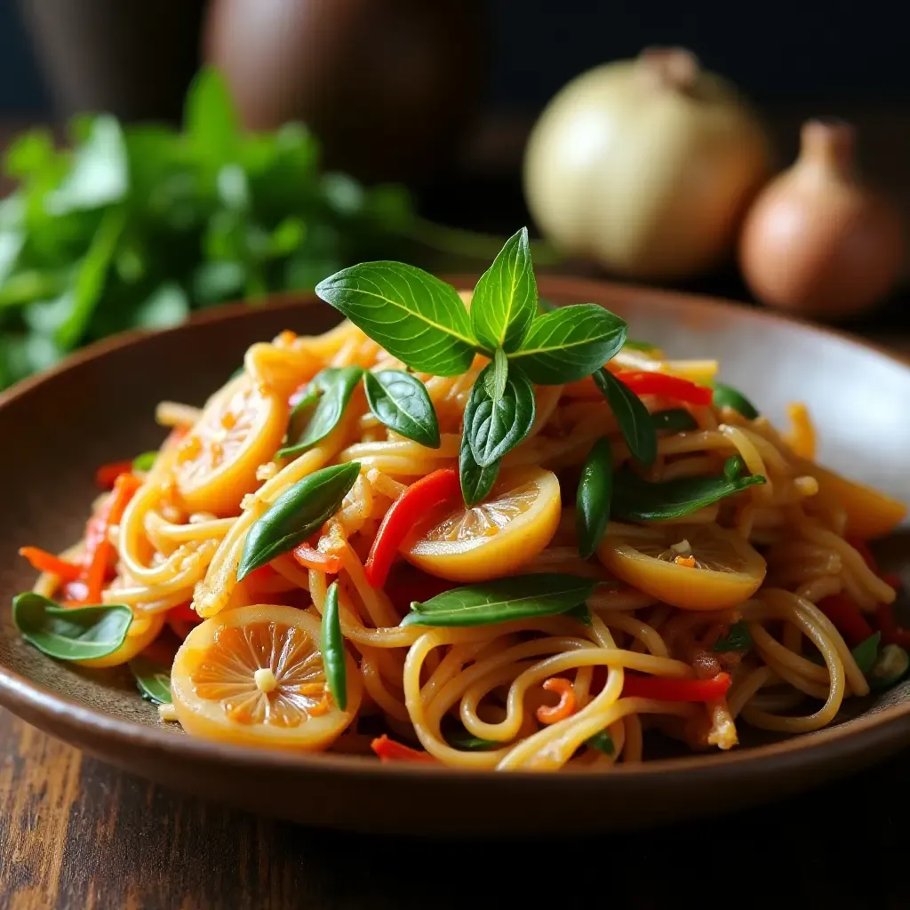 a photo of stir-fry with lemongrass and kaffir lime leaves, Thai-inspired, aromatic herbs, bamboo plate