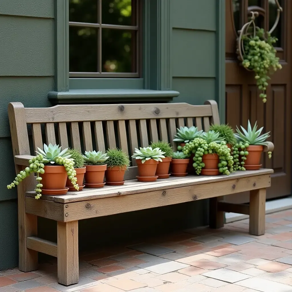 a photo of a rustic wooden bench adorned with potted succulents at the entrance