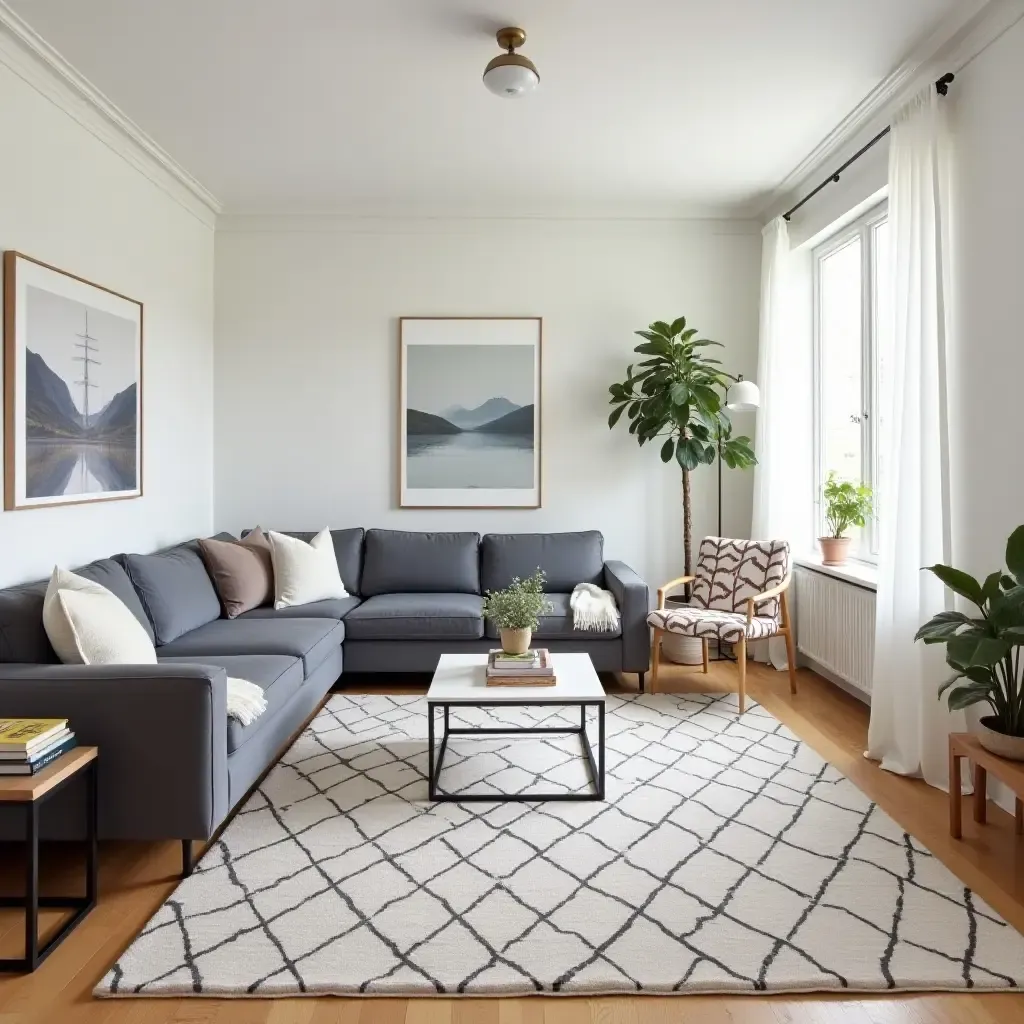 a photo of a geometric patterned rug in a modern living room