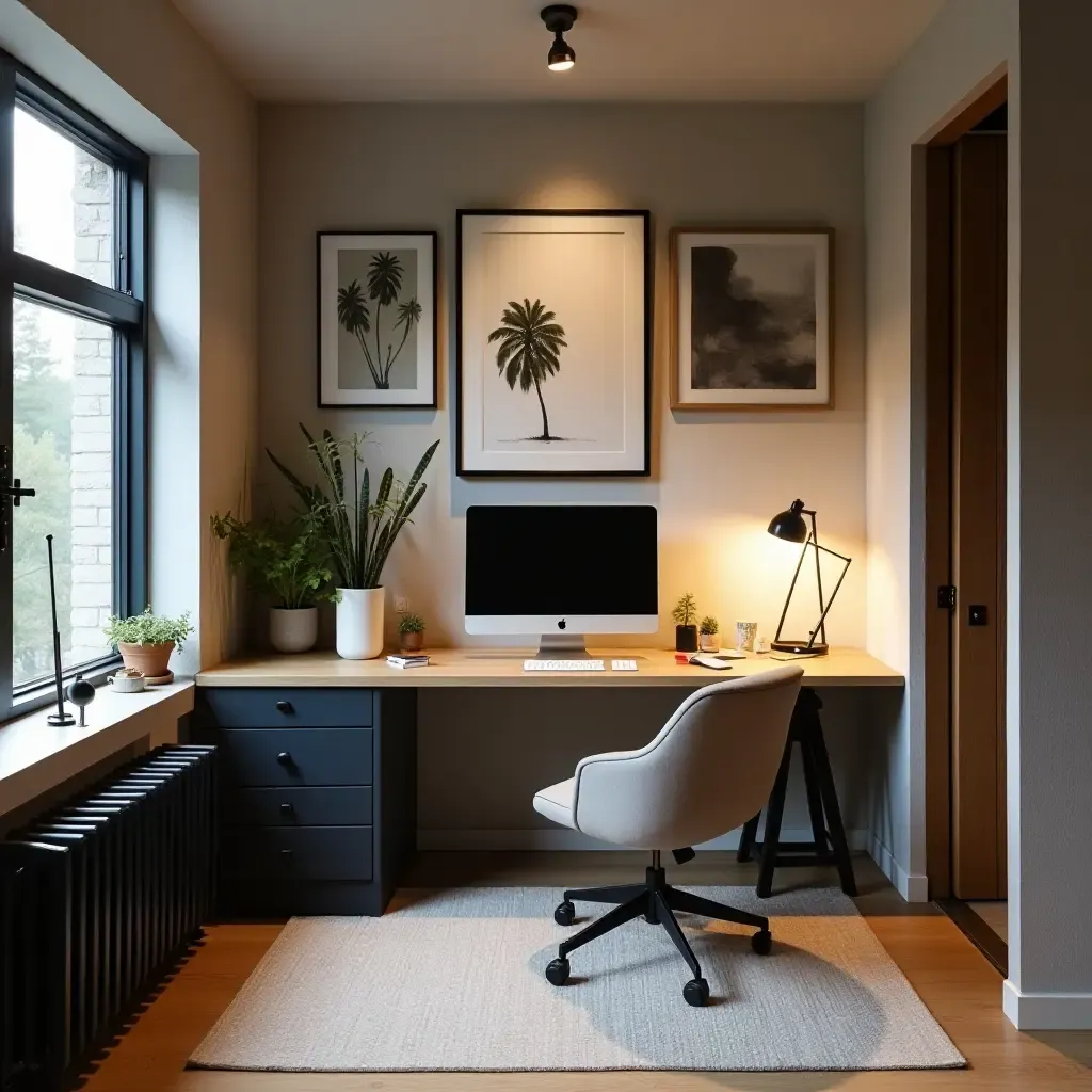 a photo of a basement office with a creative workspace and inspiring decor