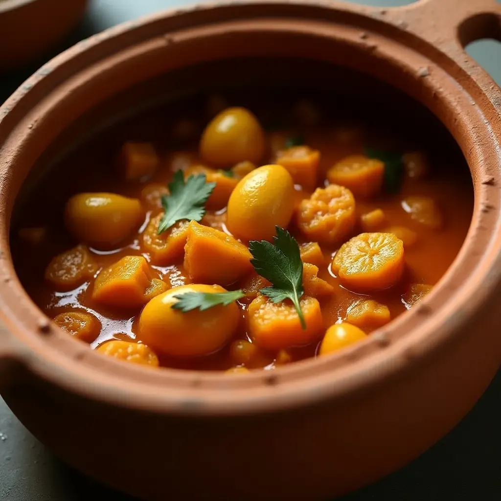 a photo of curry with a splash of red wine, served in a clay pot.