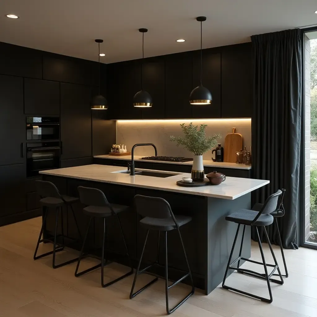 a photo of a stylish black and gold kitchen with contemporary design