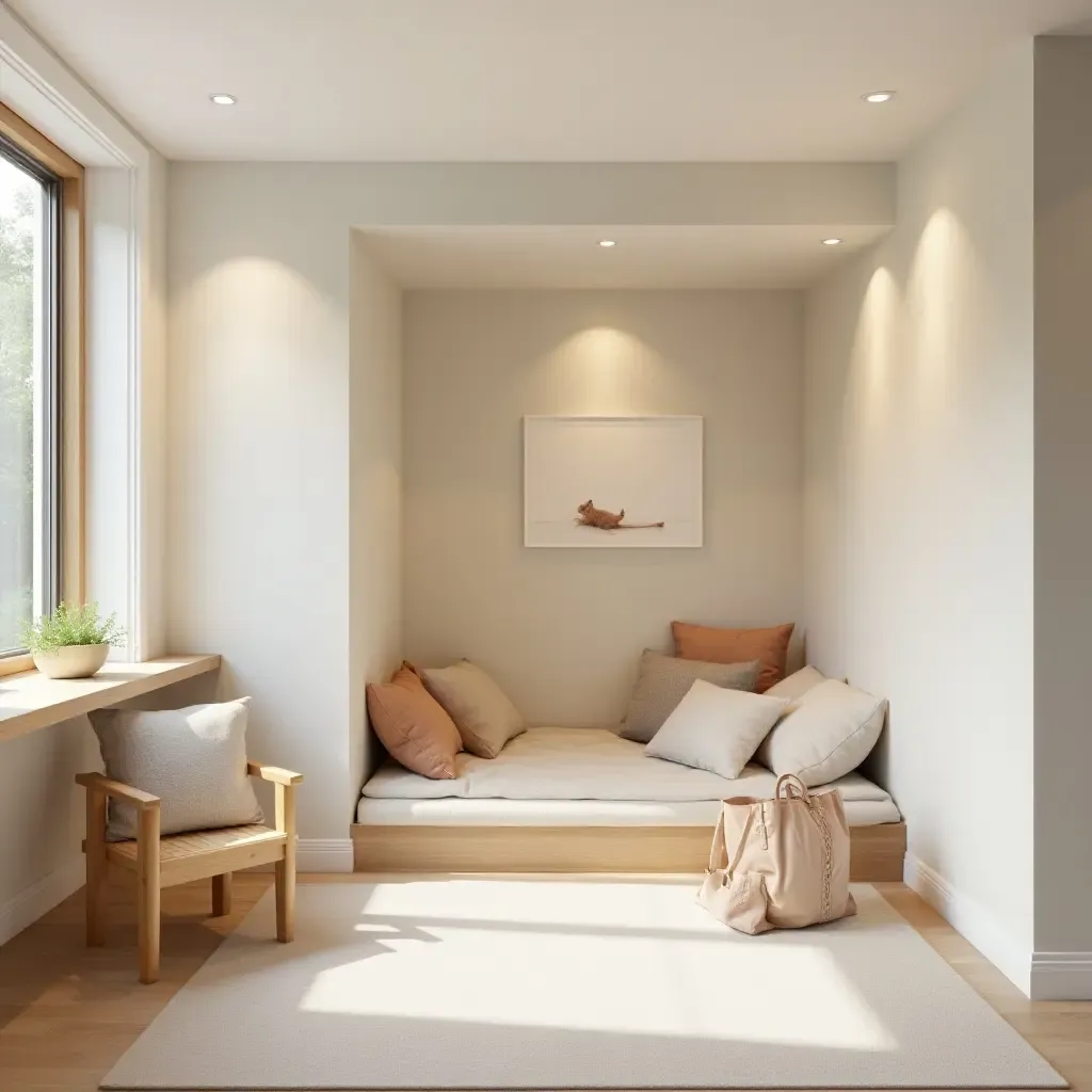 a photo of a family-friendly basement play area with light colors and natural materials