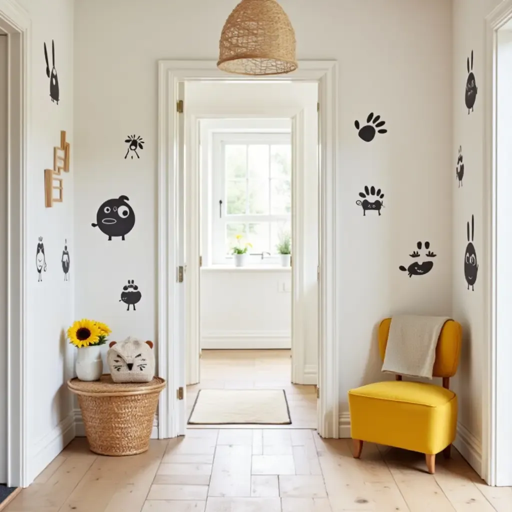 a photo of an entrance hall decorated with fun wall stickers and bright furniture