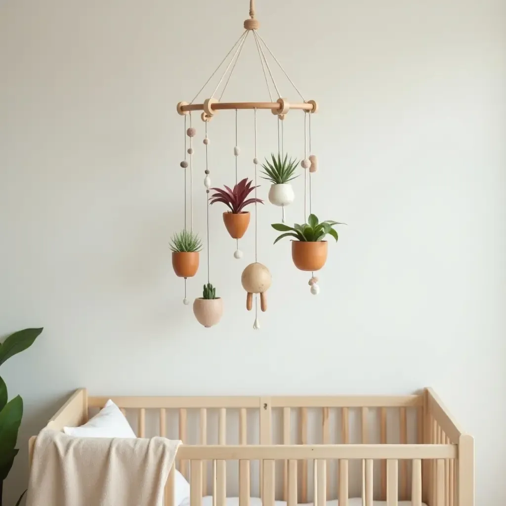 a photo of a whimsical plant mobile hanging above a crib