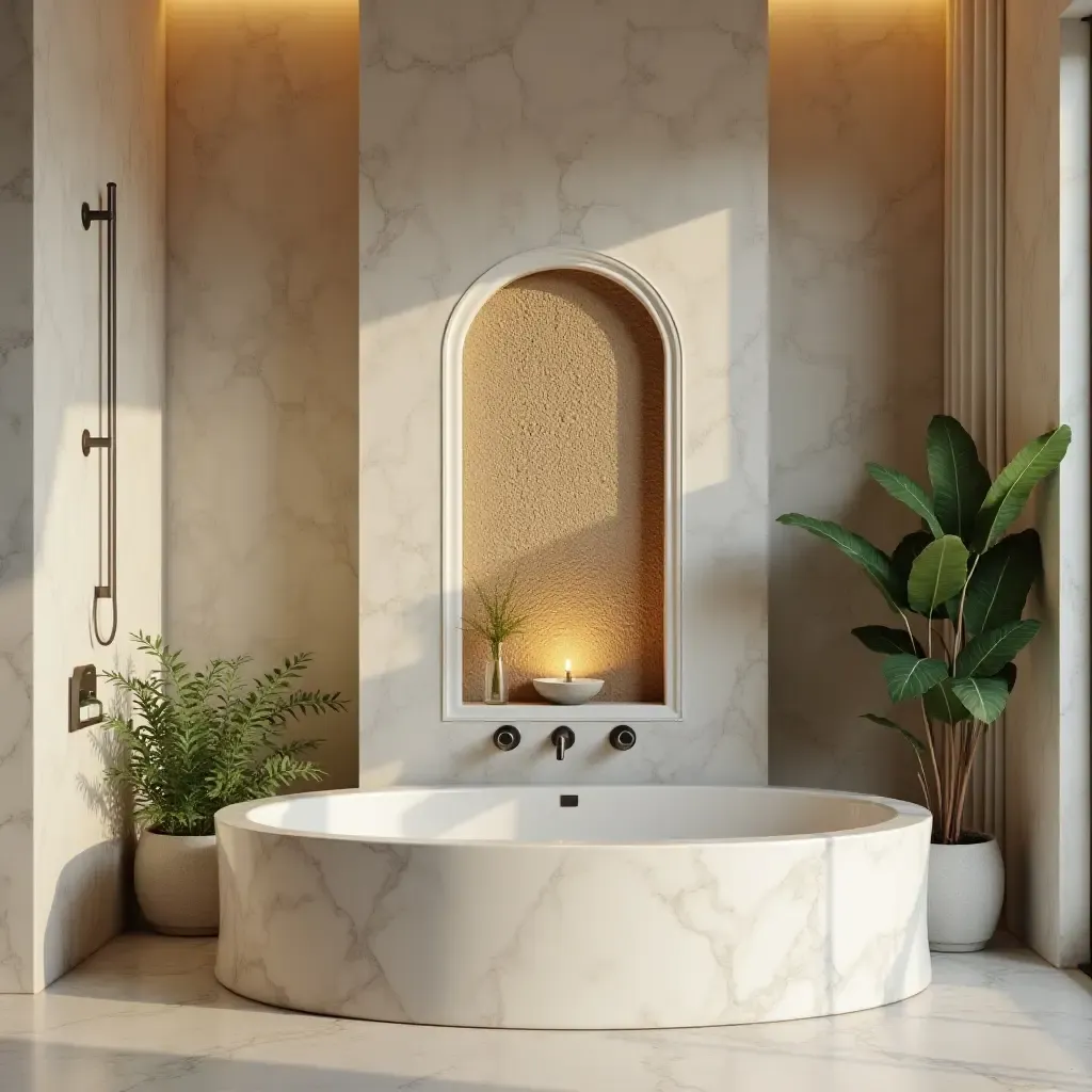 a photo of a bathroom with a Mediterranean-style wall fountain