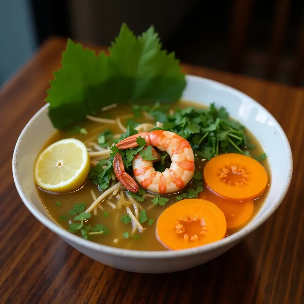 a photo of a colorful bowl of Gaeng Liang, green broth with pumpkin, shrimp, and Thai herbs.