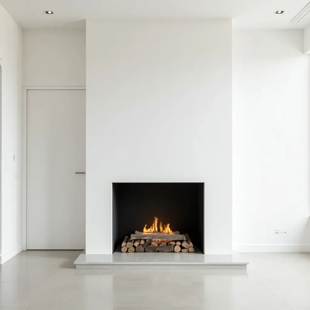 a photo of a sleek, white fireplace surround in a minimalist space