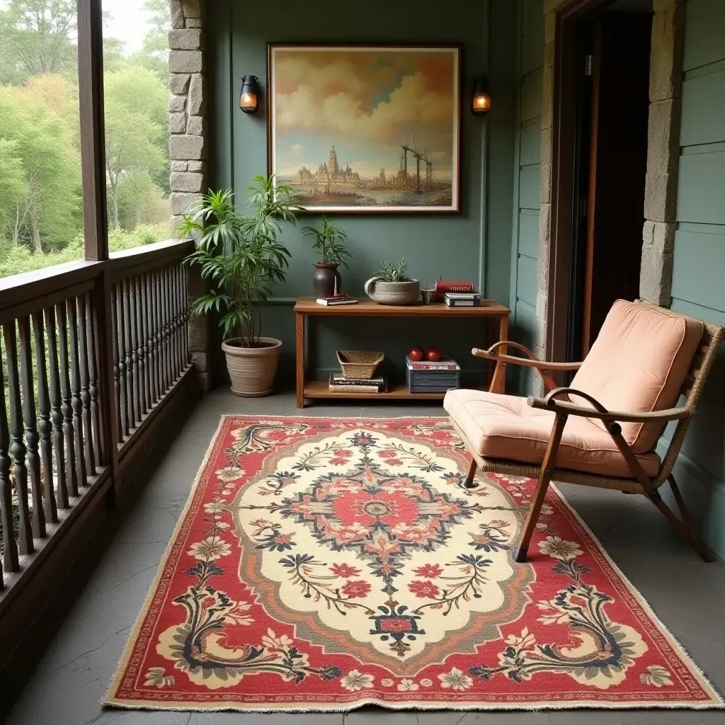 a photo of a vintage floral rug on a nostalgic balcony setting