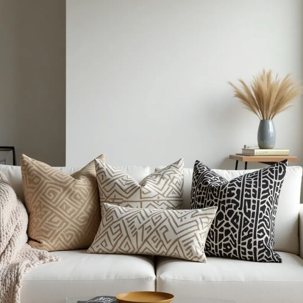 a photo of a modern living room featuring patterned throw pillows on a neutral couch