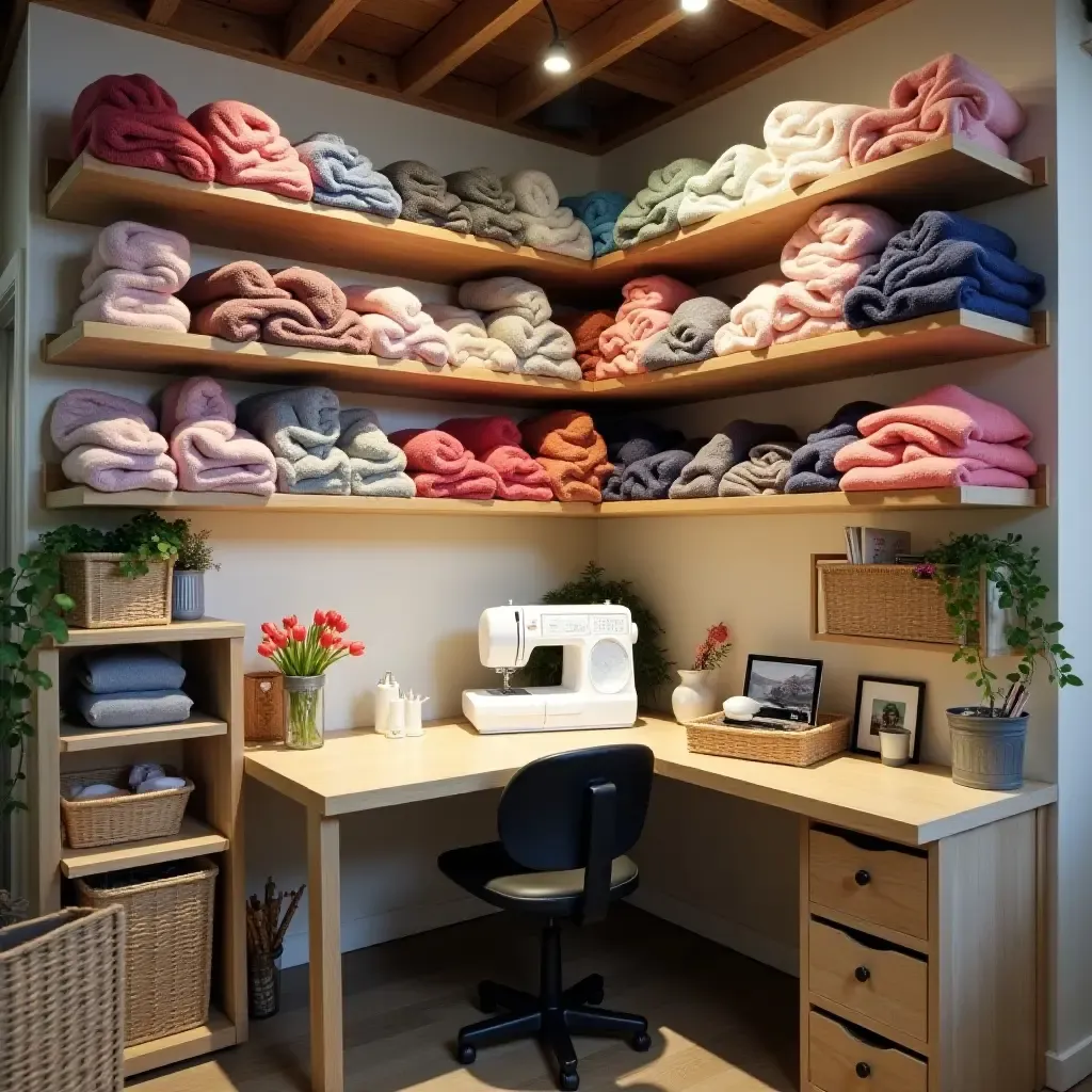 a photo of a basement sewing corner with organized fabric on shelves