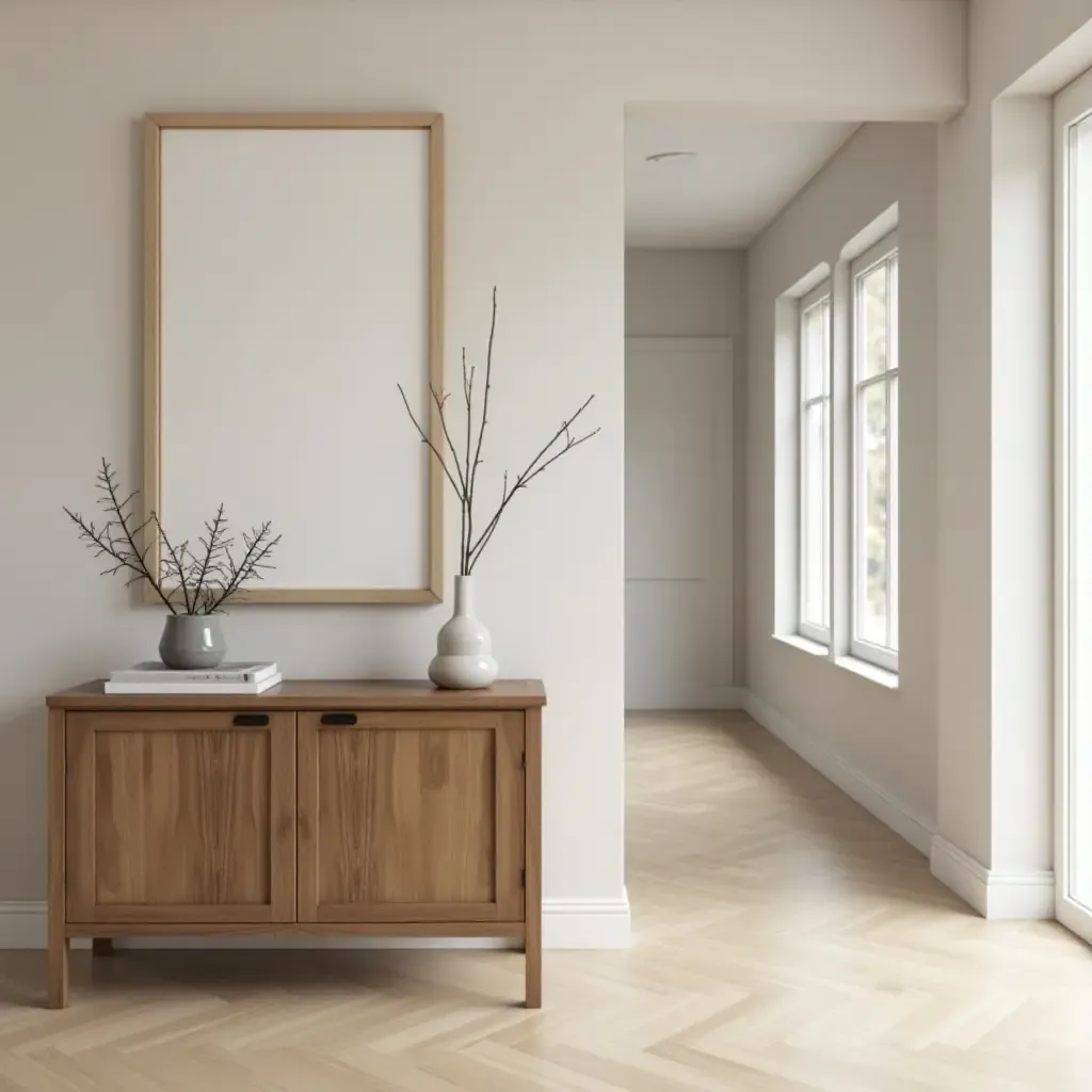 a photo of a wooden console table in a welcoming corridor