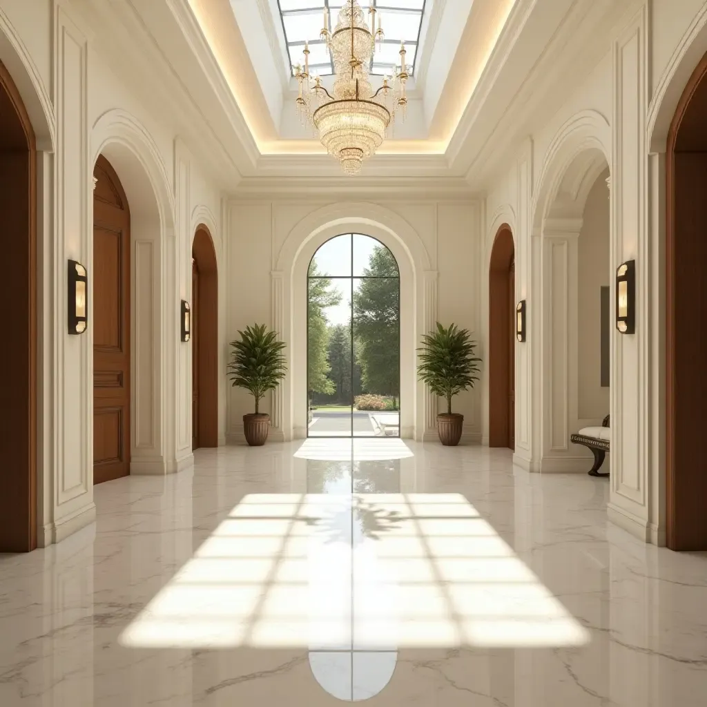 a photo of a spacious entrance hall with a grand chandelier and marble flooring