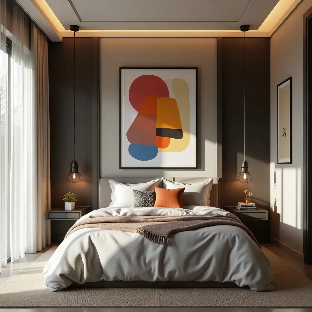 a photo of a bedroom with a blend of modern art and cozy furnishings