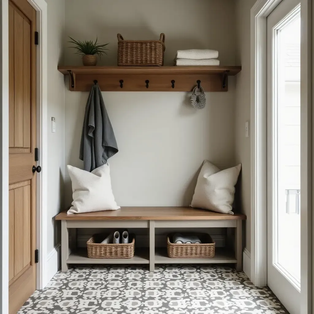 a photo of a rustic mudroom with a bench, hooks, and patterned tiles