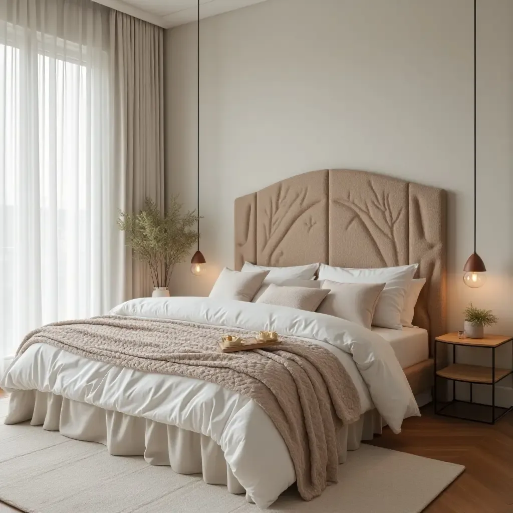 a photo of a calming bedroom with a nature-inspired headboard and soft textiles