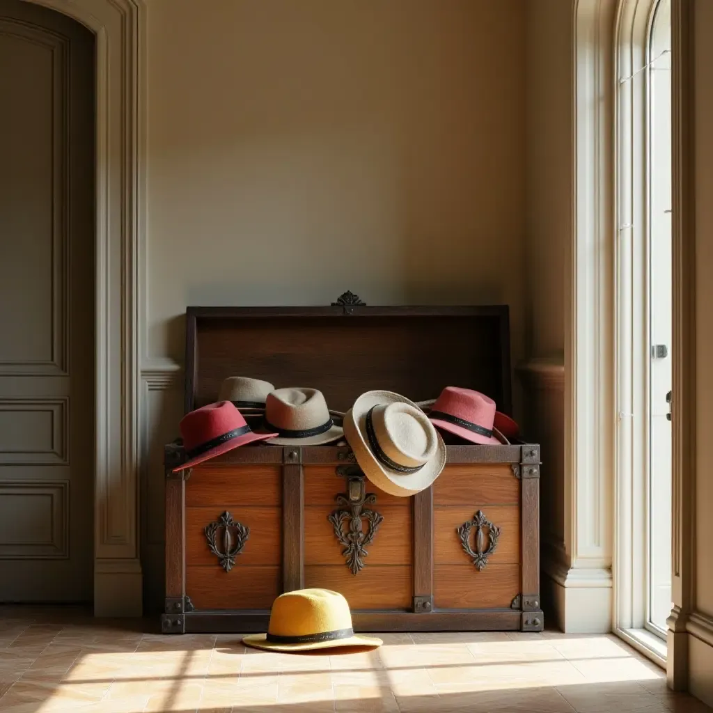 a photo of an entrance hall featuring a treasure chest filled with colorful hats