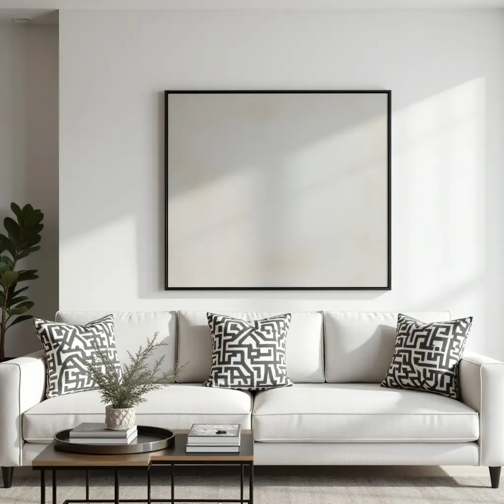 a photo of a sophisticated living room with monochrome throw pillows on a designer couch