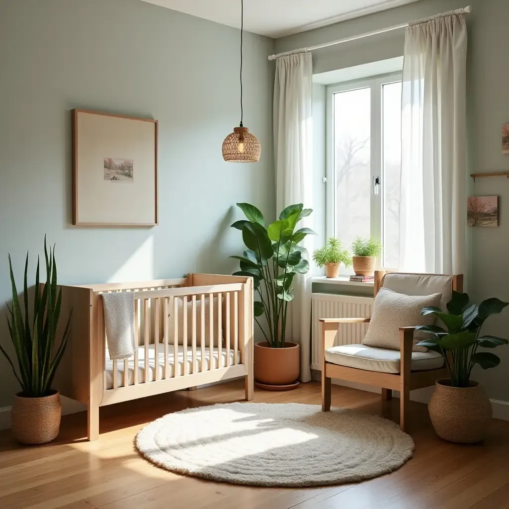 a photo of a nursery with a cozy plant-filled reading nook