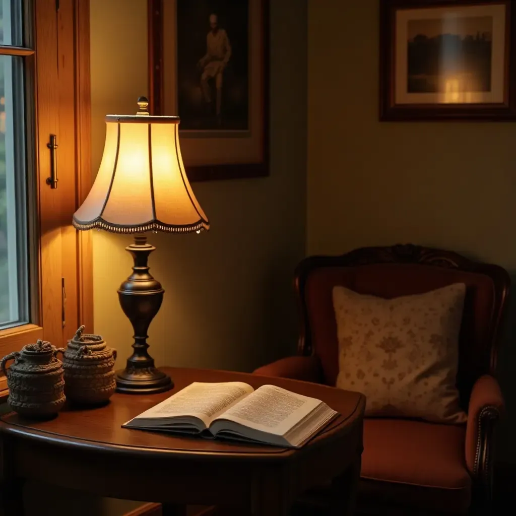 a photo of a reading corner with a vintage lamp and rustic decor