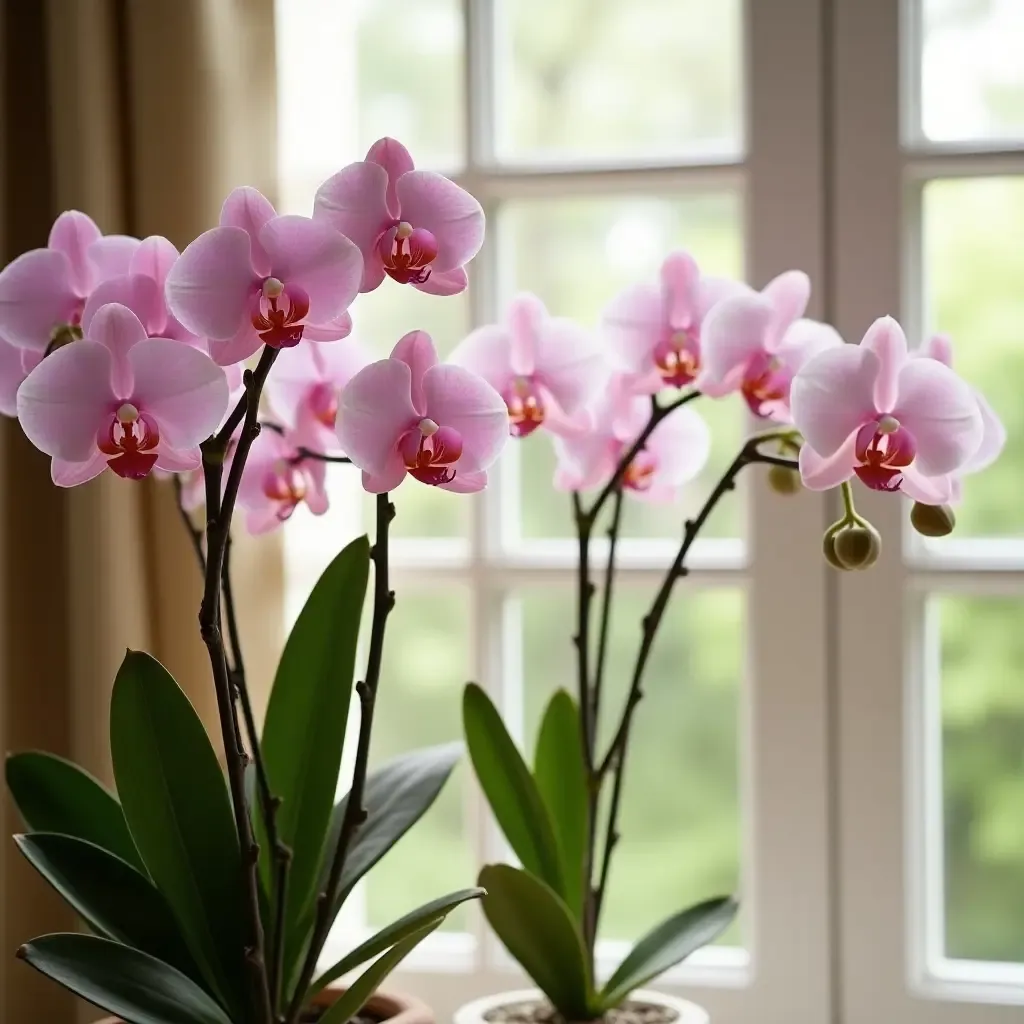 a photo of a bright room with a collection of orchids