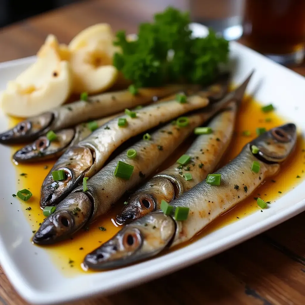 a photo of marinated anchovies with herbs and garlic in a traditional Greek taverna