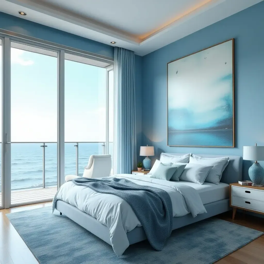 a photo of a serene ocean-themed bedroom with blue tones