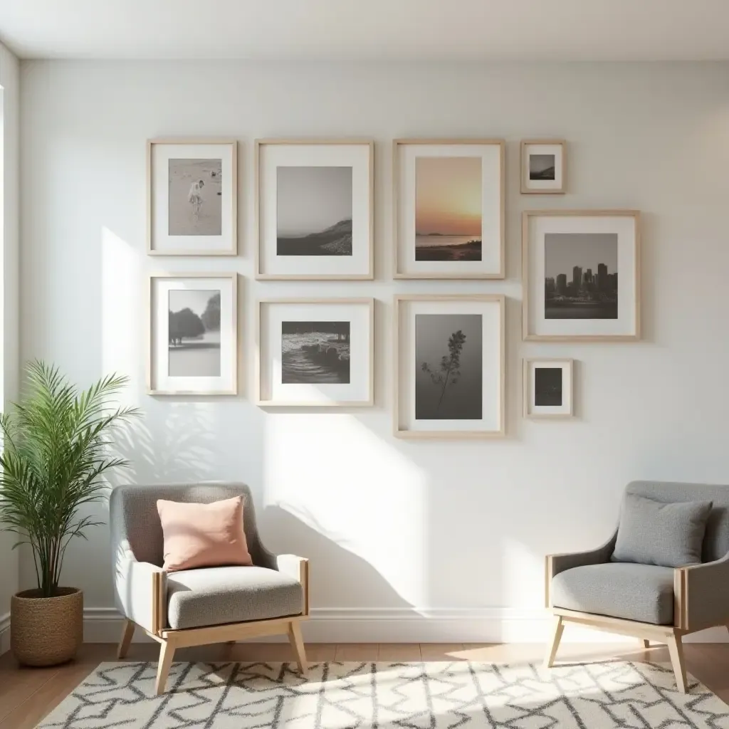 a photo of a basement gallery wall with a geometric pattern of frames