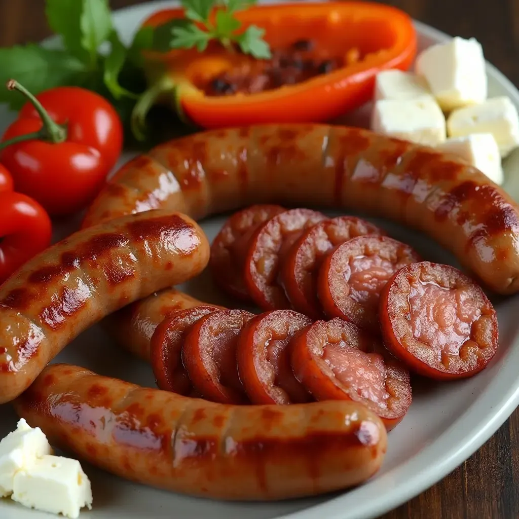 a photo of loukaniko, Greek sausage, grilled and sliced, paired with roasted peppers and feta.