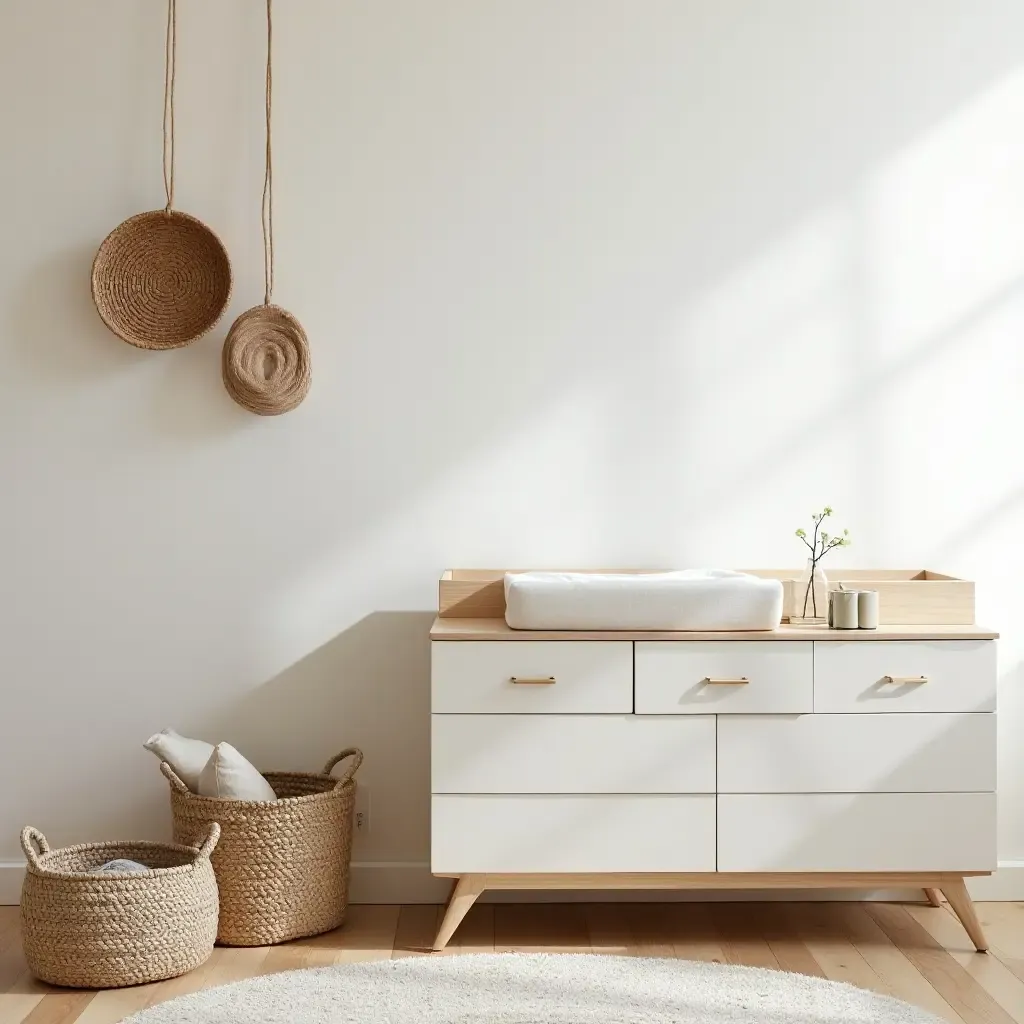 a photo of a nursery with a stylish changing area and decorative baskets