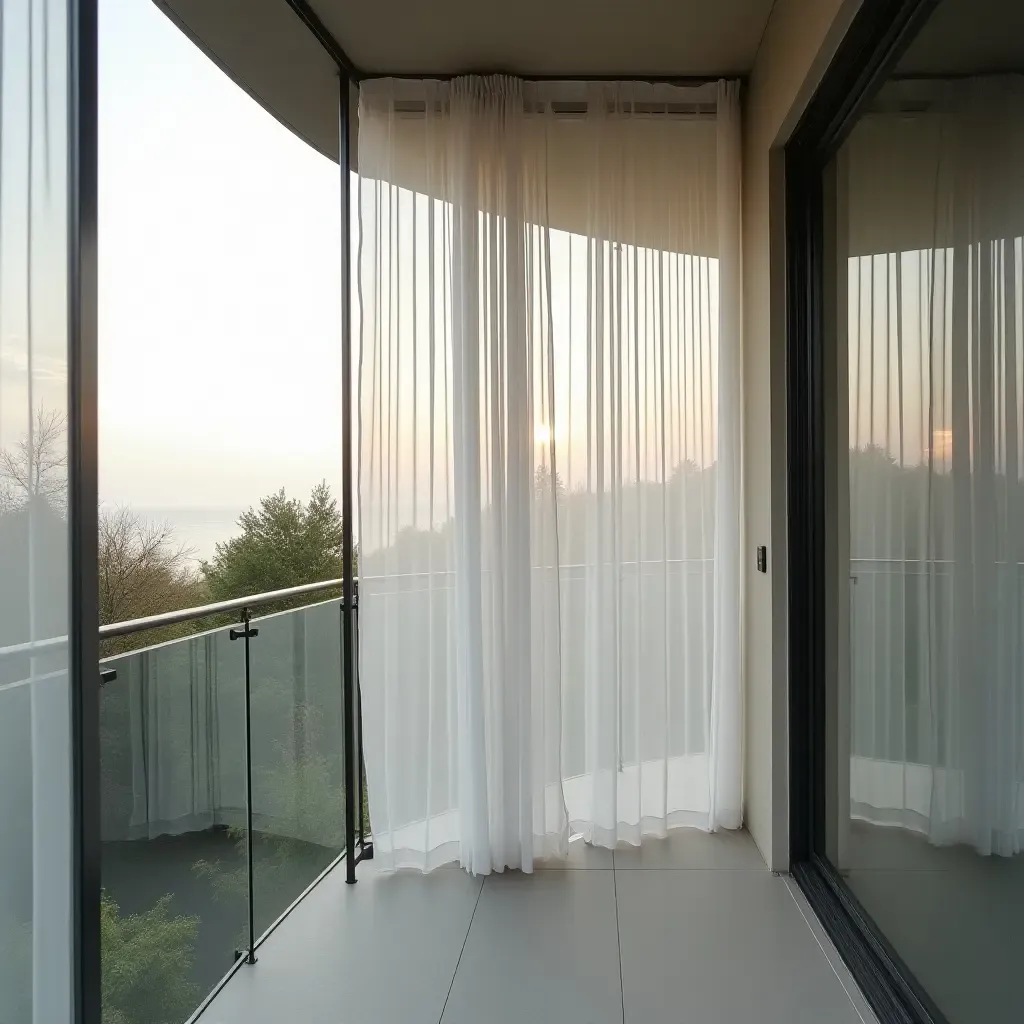 a photo of a stylish glass balcony with elegant sheer curtains for privacy