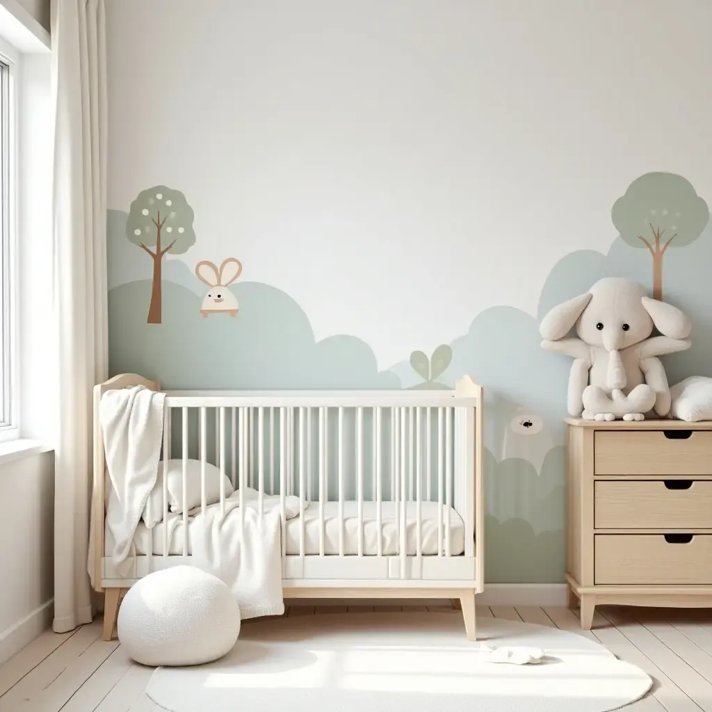 a photo of a nursery featuring a whimsical wall mural with storage