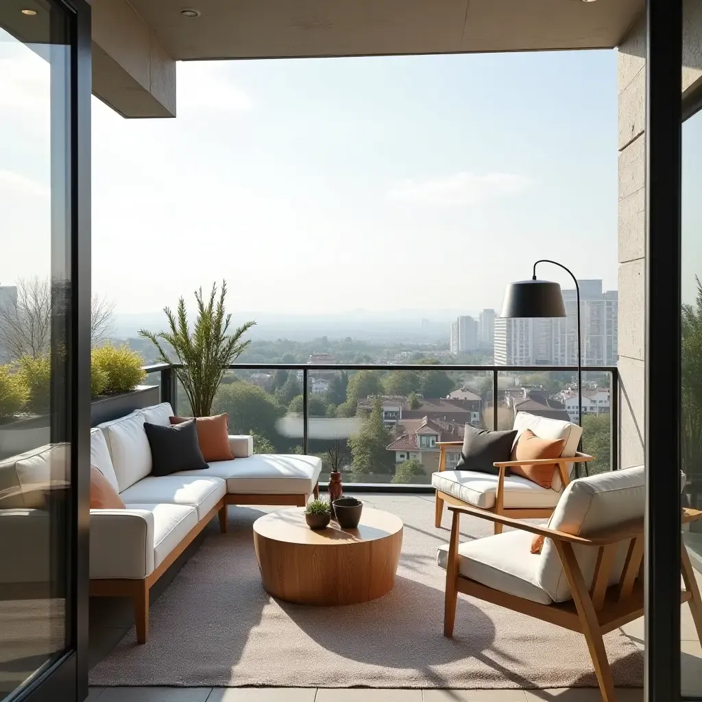 a photo of a trendy balcony with Scandinavian-style furniture and a beautiful city view