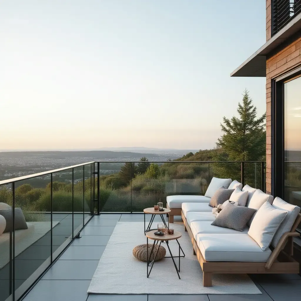 a photo of a balcony with a glass railing and outdoor cushions