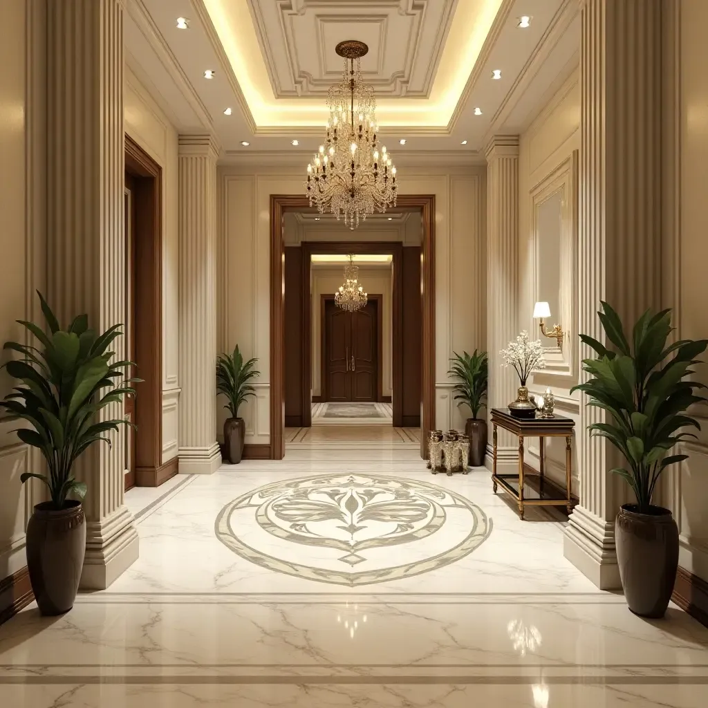 a photo of an opulent entrance hall featuring intricate marble designs and elegant furnishings