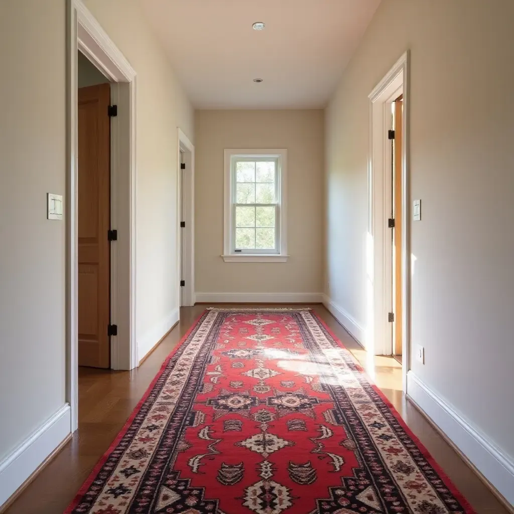 a photo of a vibrant rug adding color to a plain corridor