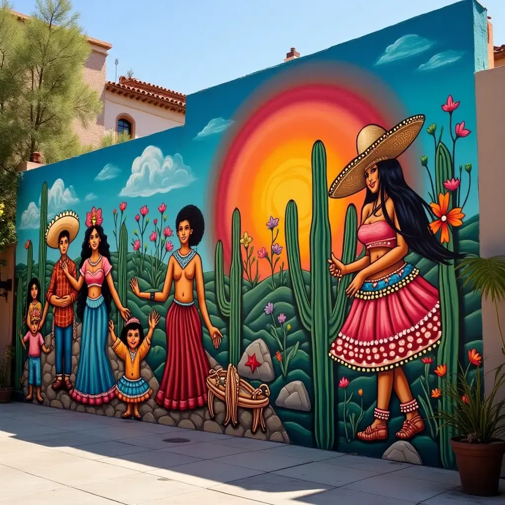 a photo of a vibrant mural depicting Mexican culture on a wall