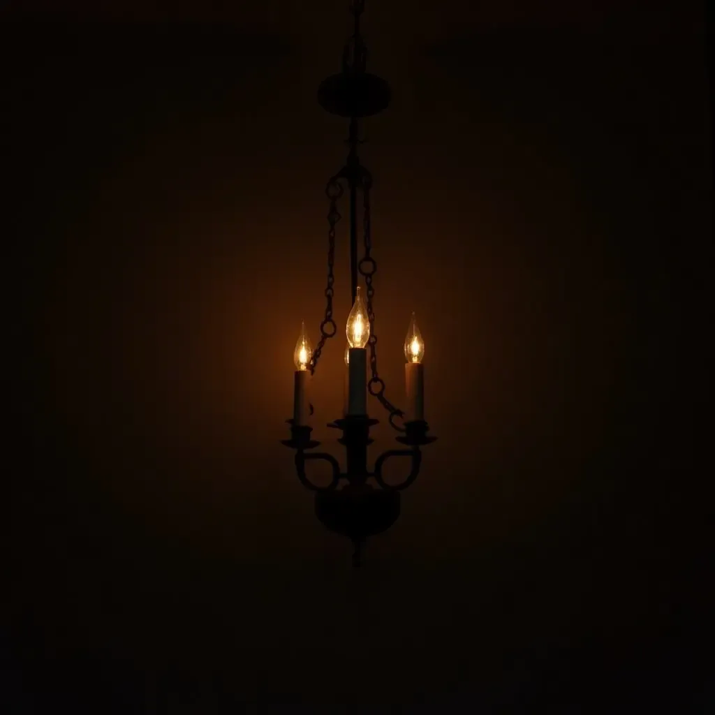 a photo of a vintage chandelier casting warm light over a dark room