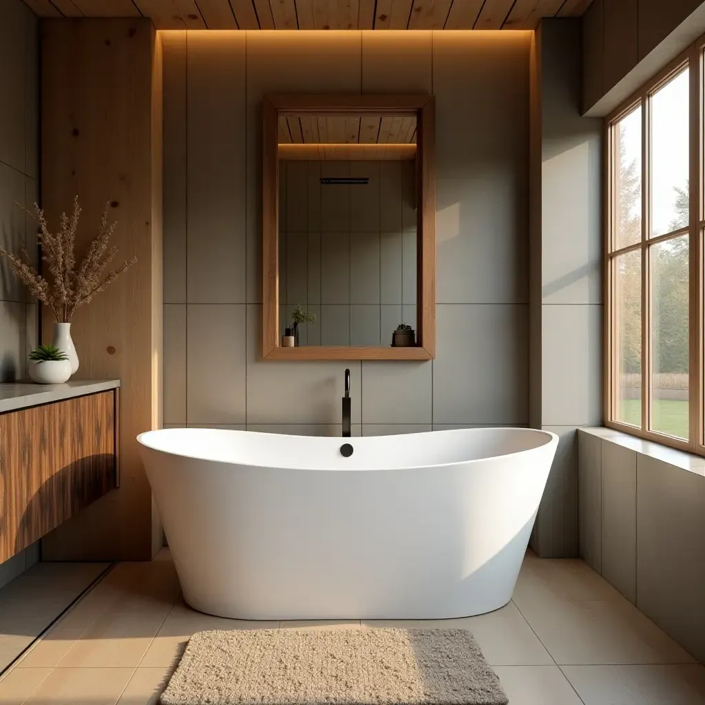 a photo of a contemporary freestanding tub in a rustic bathroom