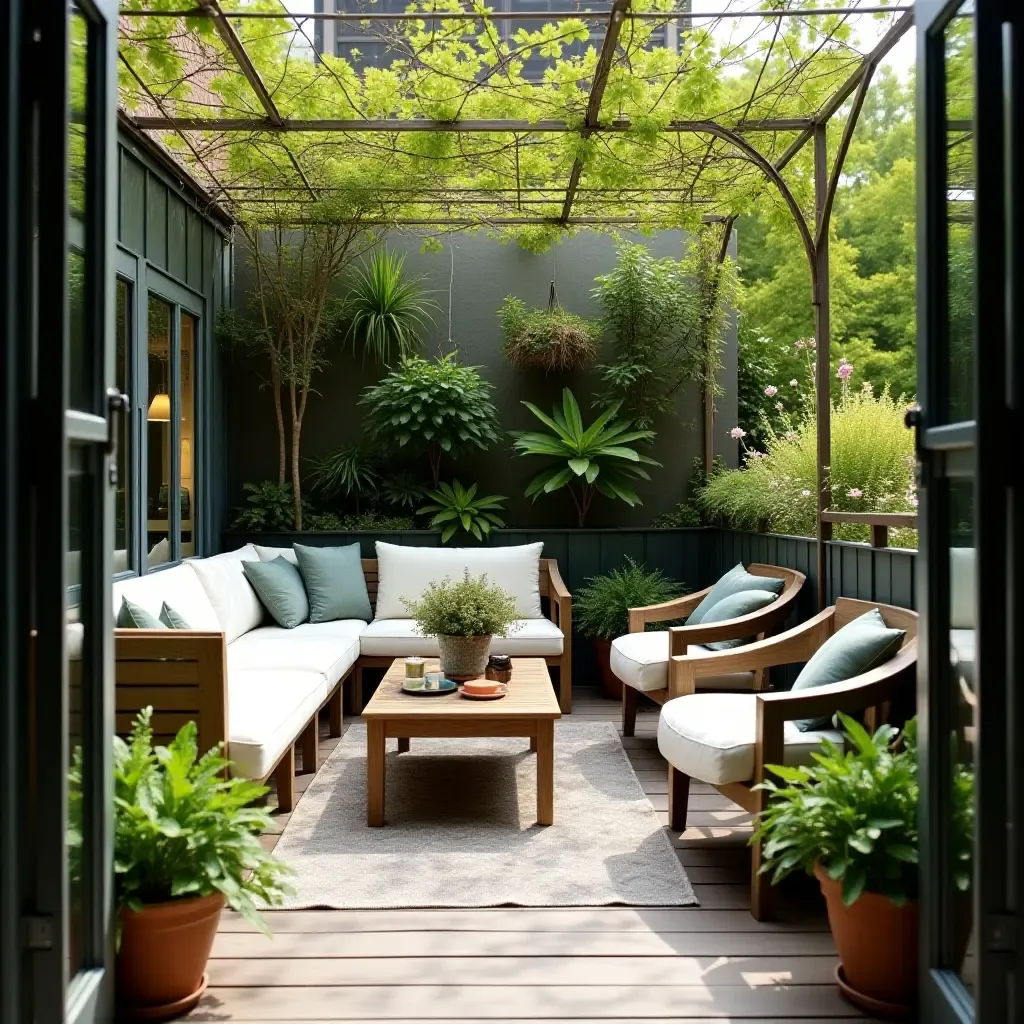 a photo of a lush balcony garden with comfortable seating and trellises